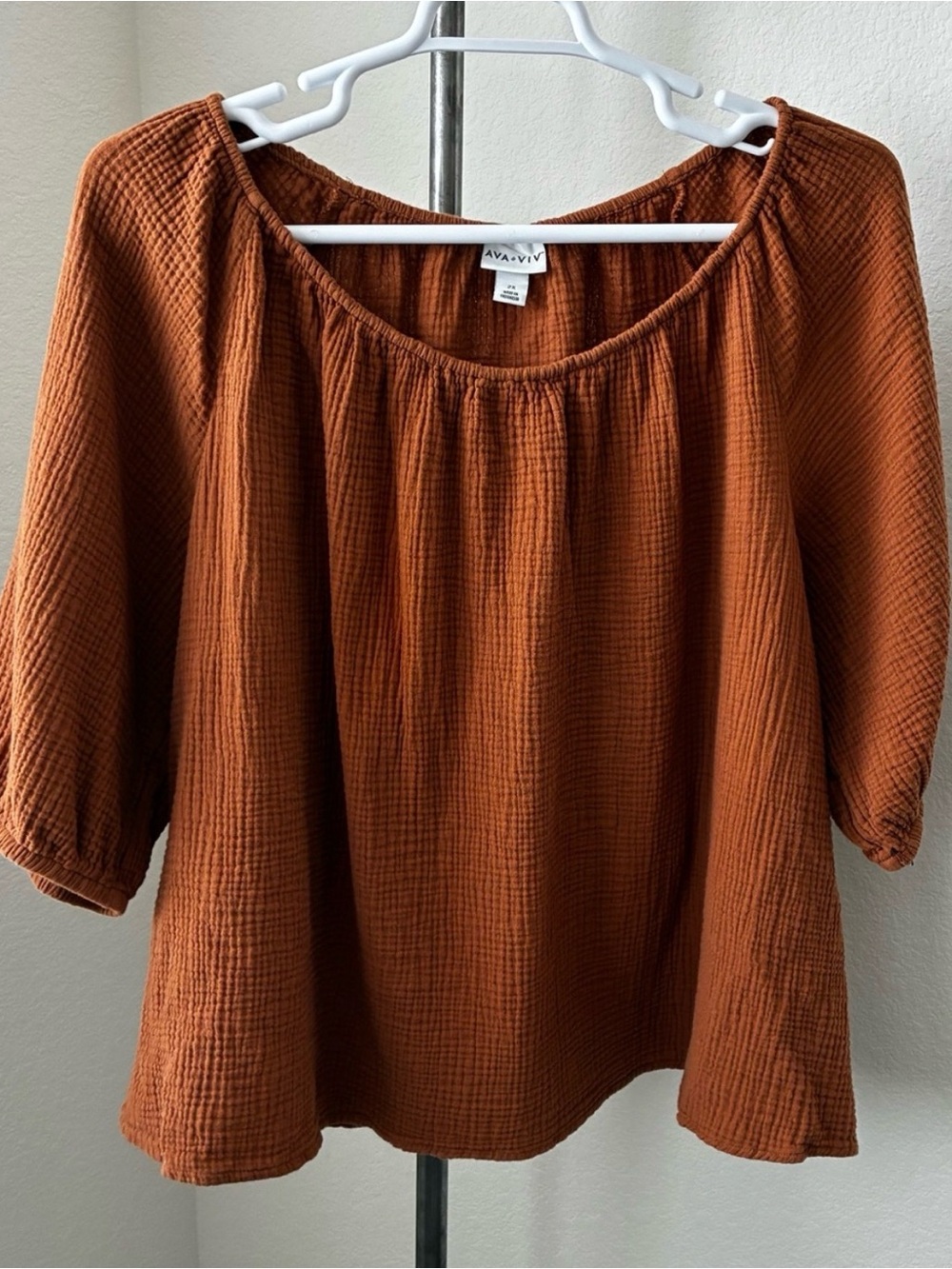 Ava & Viv sz 2x 100% Cotton Rust Brown Open Elastic Wide Neck Gauze Top Boho